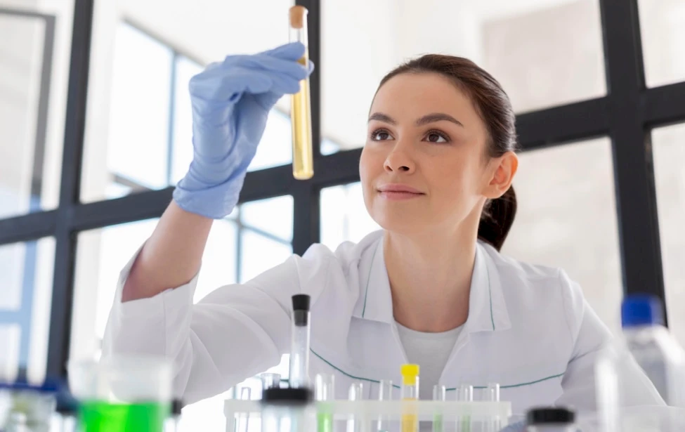 Mujer con tubo de ensayo en la mano